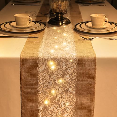 Xinnun 6 Pack Burlap Table Runner with Warm LED Lights,Rustic Lace Wedding Table Decor,Boho Farmhouse Jute Runner for Reception Bridal Shower Party(Modern,12x70 Inches) - size: 12x70 Inches, style: Classic