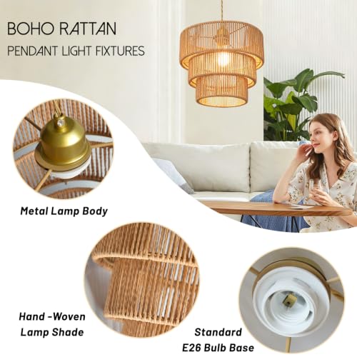 11.8" Gold Rattan Chandelier Boho Woven Pendant Light Fixture Rustic 3-Tier Wicker Hand-Woven Rattan Chandelier for Dining Room Kitchen Island Living Room Bedroom Foyer Entryway - color: 11.8″