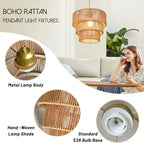 11.8" Gold Rattan Chandelier Boho Woven Pendant Light Fixture Rustic 3-Tier Wicker Hand-Woven Rattan Chandelier for Dining Room Kitchen Island Living Room Bedroom Foyer Entryway - color: 11.8″