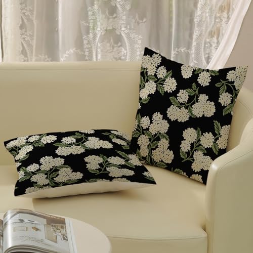 Black Spring Pillow Covers 16x16 Inch 2 Pcs Green Hydrangea Flower Decor Throw Pillows Vintage Floral Seasonal Summer Outdoor Decoration Pillowcase Linen Cushion Cover for Couch Sofa - color: Black Hydrangea, size: 16" x 16" (Pack of 2)