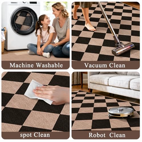 Easy Jute 2x5 Runner Rug: Non Slip Checkered Low Pile Indoor Doormat - Machine Washable Entryway Kitchen Bathroom - Carpet for Dorms Small Spaces Ideal for Young Families First Home (Black/Brown,2x5) - color: Black/Brown, size: 2' x 5' (Rectangular)