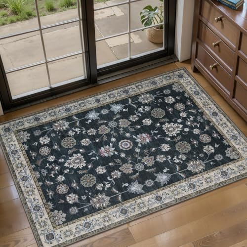 Tangsoo Vintage Floral Black 2x3 Washable Rugs for Entryway, Small Area Non-Slip Vintage Rug for Front Door, Brown Accent Rug Doormat, Soft Low Pile Rugs for Indoor Entrance Kitchen - color: Black, size: 2' X 3' (Rectangular)