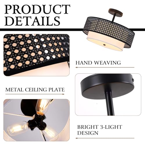 16" Black Rattan Ceiling Light - Bohemian Handwoven Double Drum Pendant, Semi-Flush Mount Light Fixture for Living Room, Bedroom, Dining Room & Kitchen - color: 16'' Rattan&Hemp rope Black