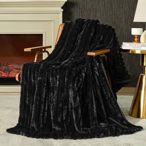Amélie Home Faux Fur Throw Blanket for Couch, Cozy Fuzzy Fluffy Fur Luxurious Soft Striped Plush Gift Blankets for Family Sofa Chair Bedroom, 55"x70", Black - color: Striped Black, size: Throw(55"x70")