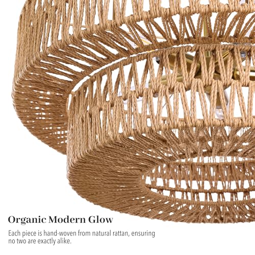 21.6 Inch Boho Rattan Chandelier, 5-Lights Hand Woven Bohemian Chandeliers with 2-Tier Drum Wicker Shade, Modern Farmhouse Large Pendant Light Fixture for Dining Room Living Entryway Bedroom - color: Gold Metal, size: 21.6 Inch