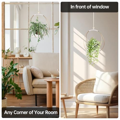 Adnkwolivt Mid Century Boho Macrame Metal Planter - Indoor/Outdoor Hanger, Conner Ceiling, Gift for Mom or Plant Lovers, Housewarming - color: Gold Metal/White Wood Base, size: 1 Pack