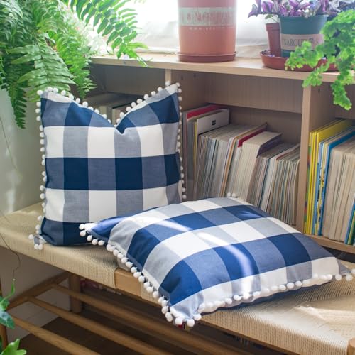 HOPLEE Buffalo Plaid Pillow Covers Navy Blue Pillow Covers 16x16 Farmhouse Buffalo Check Pillows Covers with Pom Pom for Home Decor 16x16 Inches Set of 2 - color: Navy Plaid Pom, size: 16" x 16" (Pack of 2)