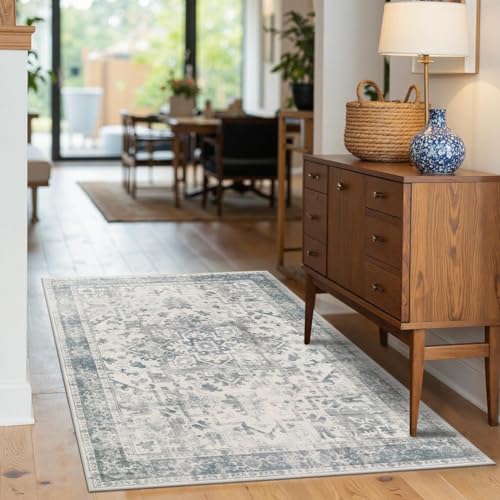 Rugxara 3x5 Washable Entryway Rug, Non Slip Boho Runner Rugs for Hallway, Entrance, Kitchen, Bathroom, Laundry Room, Soft Entryway Carpet, Throw Low Pile Retro Imitation Wool Carpet, Light Blue Grey - color: Blue & Grey, size: 3' x 5' (Rectangular)