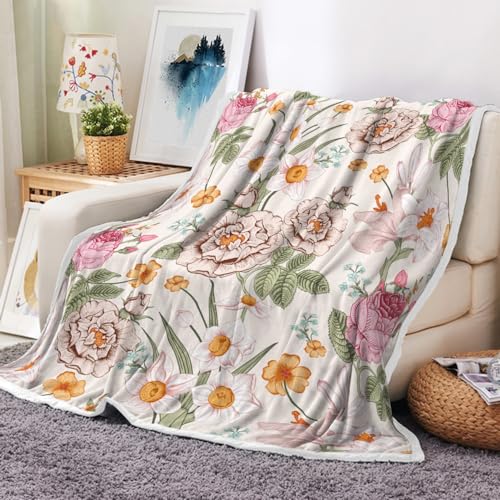 Botanical Floral Blankets Pink Floral Throw Blanket, Soft, Flannel, Warm, Spring Watercolor Floral Throw Blankets, Boho Flowers Aesthetic Bed Throws for Couch Bedroom Living Room 60X70 Inch - color: Pink-1, size: 60 X 70