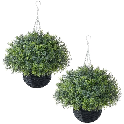 YXZZWL Artificial Rosemary Hanging Basket - 2 Sets with Baskets, Hanging Plants Faux Shrubs, Suitable for Porch, Eaves, Farmhouse, and Garden Decoration for Outdoor UV-Resistant Ornaments
