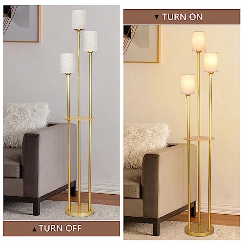 Floor Lamps for Living Room, 3-Lights Modern Floor Lamp with Shelves, Gold Standing Lamp with Fabric Shade and Foot Switch, Shelf Standing Lamps with Table, Tall Table Lamps for Bedroom Office - style: Gold-Fabric Shade