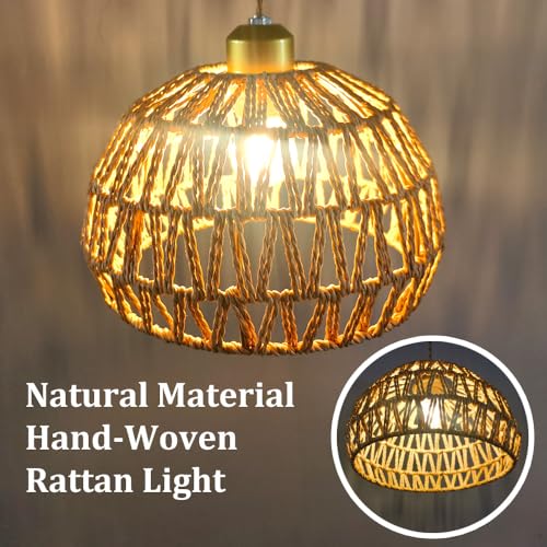 Boho Rattan Pendant Light, Adjustable Hanging Light Fixture with Natural Woven Shade, E26 Base Compatible for Kitchen Island, Bedroom, Living Room (Bulb Not Included) - color: 9.8”hemispherical shaped