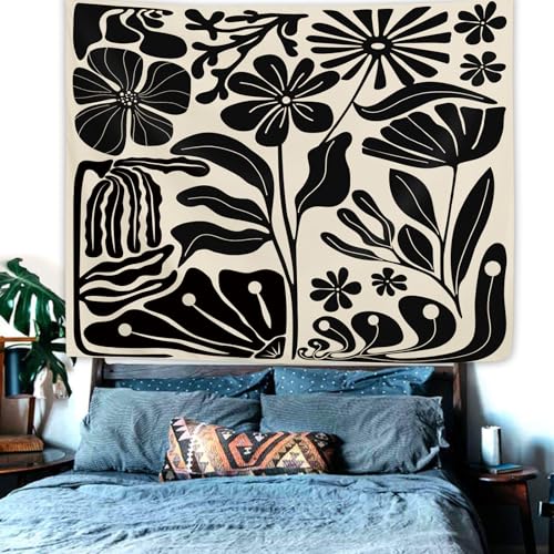 Yookeb Black Matisse Flower Tapestry 59W by 51H Inch Wall Hanging Abstract Vintage Leaves Aesthetic Retro Art 70s Modern Bedroom Living Room Dorm Polyester Fabric Home Decor - color: Black Matisse, size: 59"L x 51"W