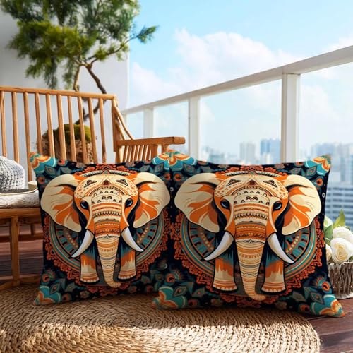 Firmiso Mandala Elephant Throw Pillow Covers 18x18 Set of 2 | Decorative Cushion Covers for Sofa Couch Bed | Boho Tribal Inspired Home Decor Pillow Cases | Orange Teal Accent - color: Boho Elephant