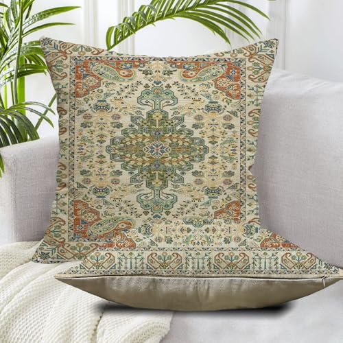 Boho Throw Pillow Covers 18x18 Set of 2,Sage Green Orange Ethnic Boho Outdoor Pillows Cover Spring Fall Western Bohemian Linen Decorative Pillowcase for Couch Living Room Bed Decor - color: Green Orange, size: 18" x 18" (Pack of 2)