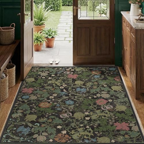 Area Rug 3x5 for Entryway, Washable Vintage Farmhouse Botanical Rug, Non Slip Low Pile Thin Floor Decor Soft Accent Rug for Front Door Kitchen Bedroom Playroom Living Room Black Green - color: Black, size: 3'x5'