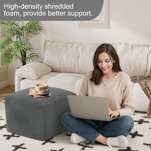 MeMoreCool Square Stuffed Pouf Ottoman Foot Rest, Floor Pouf Foot Stool with Foam Chunk Filling, Soft Stuffed Ottoman Footrest for Living Room - color: Grid Dark Grey