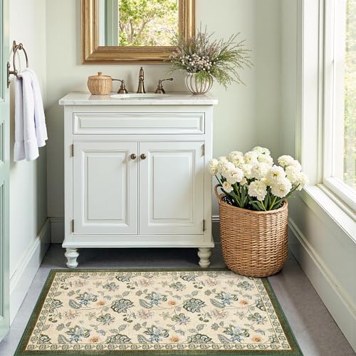 jinchan Elora 3x5 Floral Rug for Entryway Washable Kitchen Rug Vintage Romance Design Small Mat Non Slip Indoor Doormat Lightweight Low-Profile Throw Carpet for Bathroom Laundry Room, Green/Beige - color: Bloom Green/Beige, size: 3' x 5' (Light Weight)