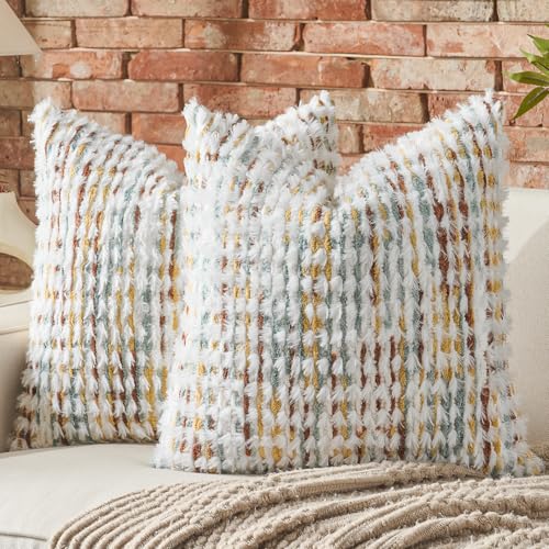 AmHoo Set of 2 Boho Chenille Pillow Cover Decorative Tufted Pillowcase for Couch Bed Sofa Bedroom Living Room Modern 20 x 20-Inch Brown White - color: Brown White, size: 20" x 20" (Pack of 2)
