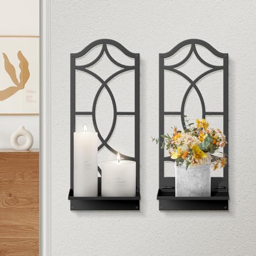 Candle Wall Sconces Set of 2, Black Metal Wall Art Decor for Living Room, Dining Room, Bedroom, Bathroom (16.5 x 7 in) - color: Black Modern