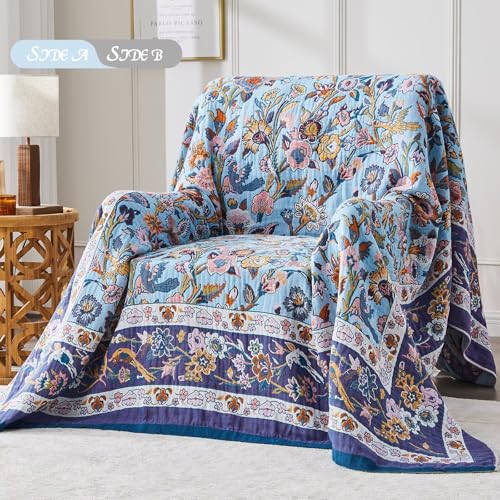 Boho Blanket Soft Muslin BohoThrow Blanket, 100% Cotton Floral Printed Farmhouse Decor All Season Reversible Rustic Throw for Sofa Couch Chair (Light Purple, 50"x60") - color: Light Purple, size: 50"x60"