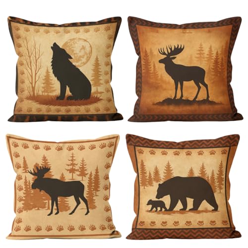 Wildlife Throw Pillow Covers 18x18 Set of 4, Rustic Deer Moose Bear Wolf Forest Silhouette Pillowcase Decoration Cushion Cover for Bed Sofa Living Room - color: Wildlife