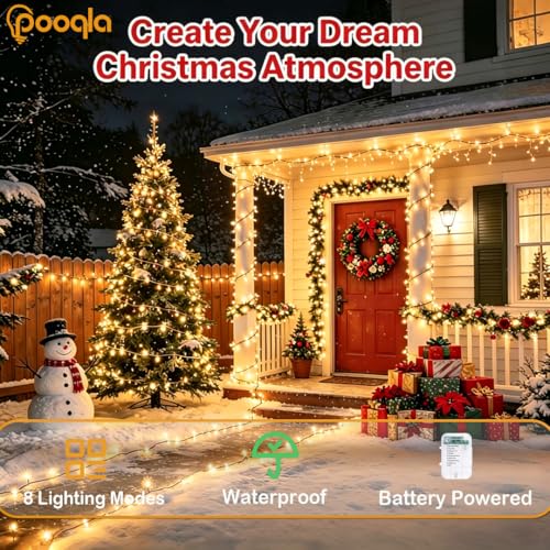 Pooqla 2 Pack String Lights Battery Operated, Total 66.6ft 200 LED Fairy Lights Indoor Outdoor Decorations, 8 Modes Warm White Battery Christmas Lights for Bedroom Classroom Porch Party Yard Decor - color: Warm White, size: 100 LED x2