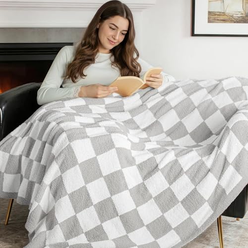 Exclusivo Mezcla Checkered Knit Throw Blanket, Ultra Soft and Warm Reversible Woven Blankets, Cozy Snuggly Throw for Couch Bed and Home Decor, Light Grey, 50"x60" - color: Light Grey, size: Throw (50"x60")