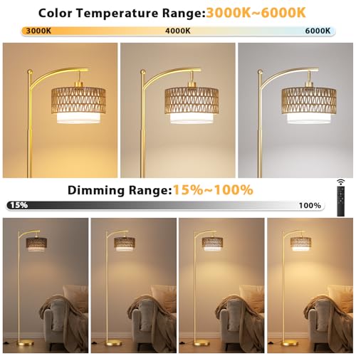 Ambimall Arc Floor Lamp for Living Room with Remote, Color Temperature & Brightness Adjustable, Boho Standing Lamp with Rattan & Fabric Double Drum Shades, Bulb Included(Gold) - color: Gold Rustic