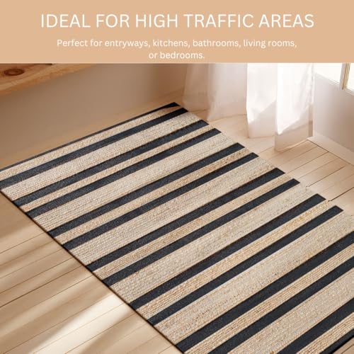 Area Rug Farmhouse 3x5 Feet - Hand Woven Jute Cotton Rug Bohemian Rustic Vintage - Non Slip Floor Rug for Bedroom Living Room Kitchen Dorm Entryway Hallway - Area Rug Natural Black - color: Natural Black, size: 3'x5'