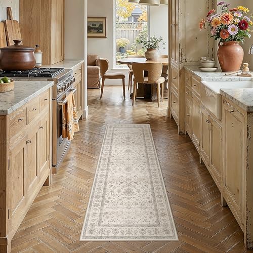 PureCozy 2x6 Runner Rug Beige Washable Hallway Vintage Carpet Kitchen Small Long Non Slip Stain Soft Resistant Low Pile Thin Boho Accent Indoor Throw Rug for Bedroom Laundry Living Room - color: Oriental Beige, size: 2' x 6' (Runner)