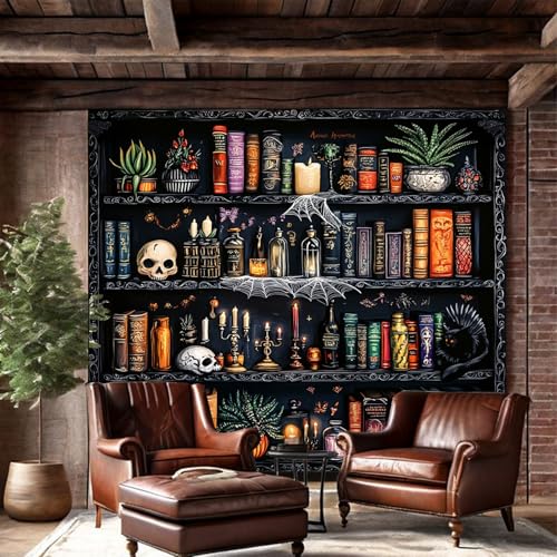 Algasan Magic Bookshelf Tapestry Magical Book Tapestry Gothic Witchy Vintage Library Skull Potion Black Cat Candle Botanical Backdrop for Bedroom Living Room Dorm 78.7 x 59.1 Inches - size: 78.7"L x 59.1"W