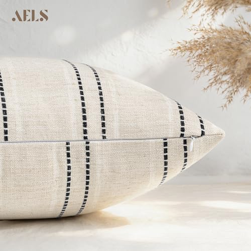 AELS 20x20 Decorative Farmhouse Linen Blend Throw Pillow Covers, Boho Textured Pillow Case, Set of 2, Beige with White & Black Stitch Yarn Dyed Stripe Cushion Cover for Sofa Living Room (Cover ONLY) - color: Beige With White & Black, size: 20" x 20" (Pack