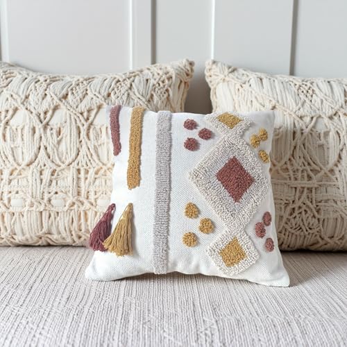 Andreannie Pack of 2 Boho Tufting Throw Pillow Cover Embroidered Textured Cushion Cover with Tassels Soft Home Decororative for Couch Sofa 18x18 inch (Boho Grey Yellow) - color: Boho Grey Yellow