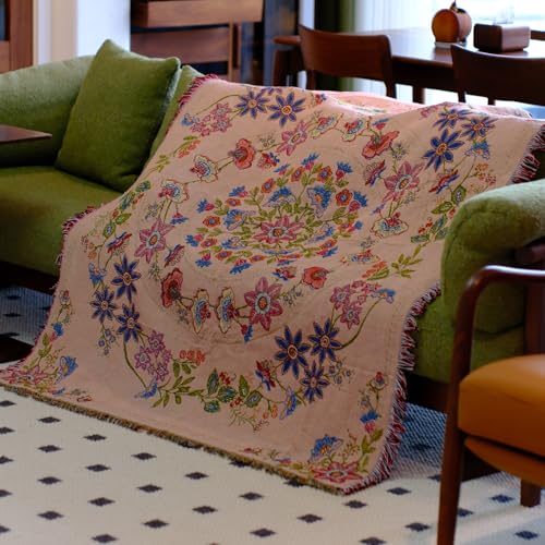 Mandala Flower Boho Throw Blanket for Couch Bed Chair Lounge Hippie Room Decor Reversible Cotton Woven Whimsical Throw Blanket Witchy Room Decor Throws Bed Spread Outdoor Camping Blanket 51x59 Inches - color: Woven Floral