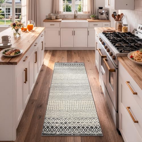 Moroccan Rug Runners for Hallways, 2x5 Ultra Soft Non-Slip Washable Rugs for Bedroom, Low Pile Distressed Black Rug Carpet Runner for Entryway Kitchen Bedroom Laundry Room - color: Black, size: 2' x 5' (Runner)