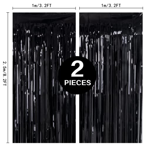2 Pack 3.2ft x 8.2ft Black Tinsel Foil Fringe Curtains, Metallic Foil Tinsel Photo Booth Backdrop Streamer for New Years Decorations Halloween Bachelorette Birthday Holiday Celebration Party Supplies - color: Black