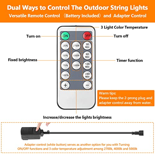 Lakumu 2-Pack 3 Color Dimmable LED Outdoor String Lights for Patio with Remotes, 96FT Waterproof Hanging Lights with Shatterproof Edison Bulbs for Bistro Backyard-Warm White/Neutral White/Daylight - color: Black-2700K/4000K/5000K, size: 96FT(48FT*2)