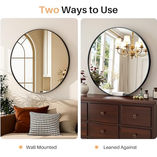 Bathroom Mirror for Wall, 24 Inch Round Mirrors | Circle Vanity Mirror for Bathroom Bedroom Living Room Entryway, Anti-Rust, Tempered Glass, Hanging or Leaning - color: Matte Black, size: 24"L x 24"W, style: Round