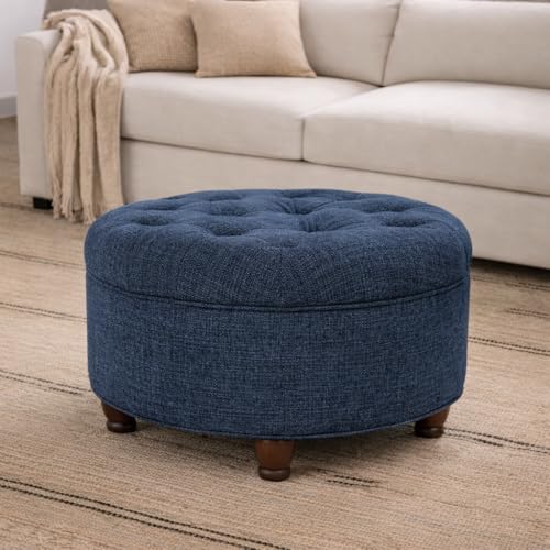 Homepop Home Decor | Large Button Tufted Woven Round Storage Ottoman for Living Room & Bedroom (Navy Woven) 25 inch D x 25 inch W x 15 inch H - color: Navy