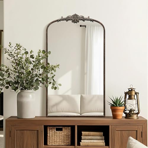 Besdomus Vintage Black Arched Mirror: 24"x42" French Large Arch Antique Wall Mounted Mirror - Traditional Ornate Home Decor for Living Room/Entryway/Fireplace/Bathroom - Ideal for Bathroom Remodeling - color: Black, size: 42"L x 24"W