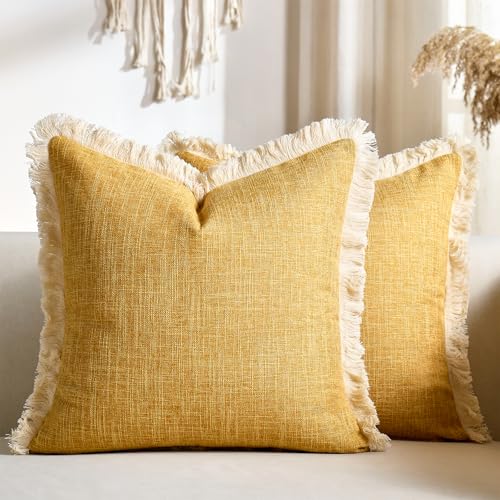 Mustard Yellow Faux Linen Decorative Throw Pillow Covers 18x18 Inch Set of 2 Boho Farmhouse Pillowcases with Tassels Rustic Woven Textured Burlap Cushion Cases for Sofa Bed Living Room Home Decor - color: Mustard Yellow, size: 18" x 18" (Pack of 2)