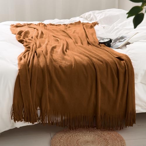 Homiest Decorative Knitted Throw Blanket with Fringe, Lightweight Acrylic Knit Blanket, Soft & Cozy Tassel Throw for Couch Sofa Bed (Camel Brown, 50 x 60 Inch) - color: Brown, size: 50" x 60"