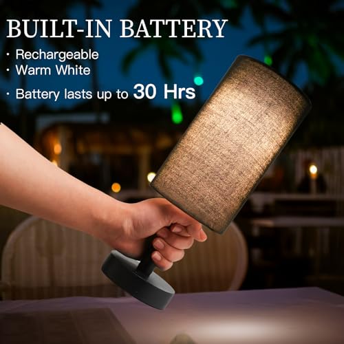 LALISU Small Table Lamp Nightstand Lamp Linen Lampshade Bedroom Wood Base Small Bedside Lamp for Night Stands, Desk Lamps for Reading Living Room, Office (LED Bulb Included) (Black and Cordless) - color: Black and Cordless