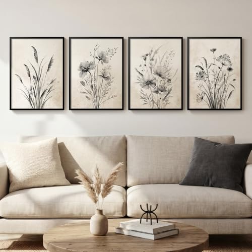 Framed Vintage Botanical Wall Art, 4 Piece Neutral Rustic Boho Floral Canvas Painting Prints for Modern Farmhouse, Black and White Flower Pictures for Living Room Bedroom Dining Room Wall Decor, 12x16 - color: Misty - Black Framed, size: 12" W x 16" H x 4