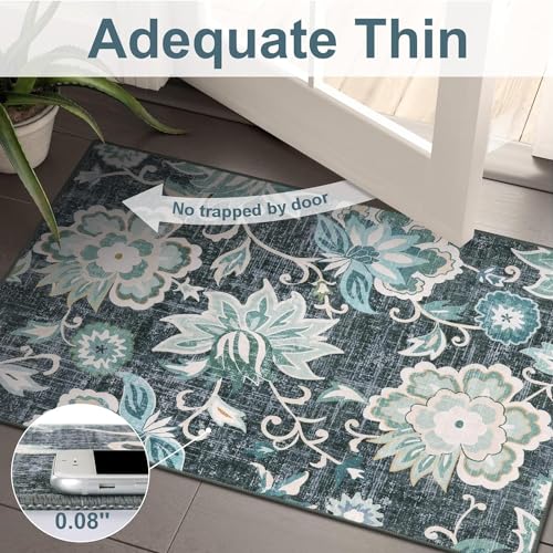 Beeiva Floral Carpet Runner Non Slip, Vintage Washable 2.5x12 Rug Runners for Hallways Non Slip, Ultra Thin Printed Distressed Blue Hallway Rug for Bedroom Bathroom Laundry - color: Blue, size: 2'5" x 12' (Rectangular)