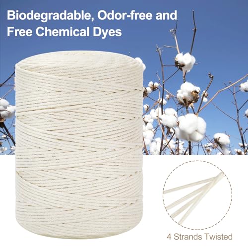 Macrame Cord 3mm x 380Yards (1140Feet), Natural Cotton Macrame Rope - 4 Strands Twisted Macrame Cotton Cord for Wall Hanging, Plant Hangers, Crafts, Gift Wrapping and Wedding Decorations, Beige - color: Beige, size: 0.12 in x 380 yd