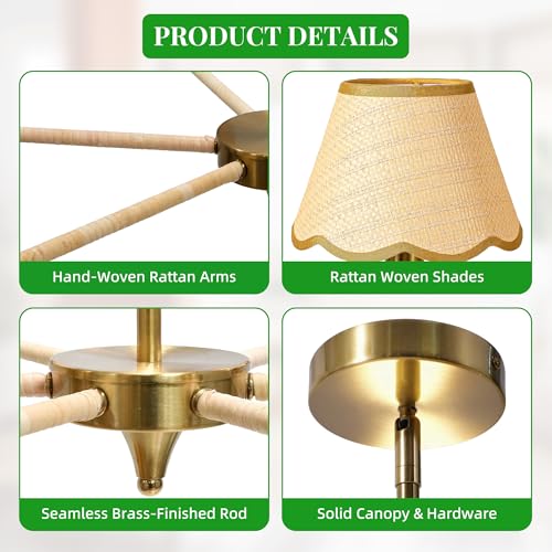 39" Boho Rattan Chandelier, 6-Light Rattan Pendant Light, Handwoven Natural Rattan, Rustic Industrial Adjustable Rattan Fixture for Dining Room, Kitchen Island & Living Room, E12 Socket - color: Hooked Arm Design