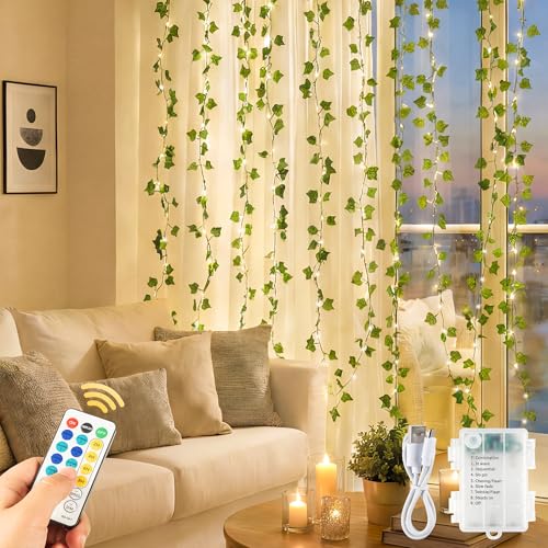 YOUNGAR Ivy Vines with Fairy Lights, Battery/USB Operated Leaf String Warm White Lights, 23FT 73LED Vine Lights with Remote for Bedroom Garland Wedding Birthday Garden Party Wall Room Headboard Decor - color: Ivy (Warm White), size: 73 LED-USB/Battery Rem