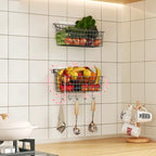 2 Pack Wall Hanging Baskets for Organizing, Large Metal Wire Basket with 5 Hooks+2 Strong Long Adhesive Hooks,Kitchen Hanging Mesh Organizer, Wall Mounted Bin for Kitchen, Bathroom, Bedroom,SUV,Garage - size: 13"L x 6.3"W x 6.02"H-2Pack
